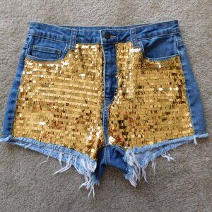Gold Sequin Daisy Dukes LITZ Blue  Denim Shorts  Waist 29 Inches High Rise
